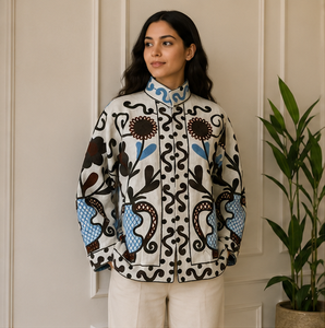 Luxury Handmade Suzani <b>Jacket</b> for <b>Women</b> Ivory Cotton <b>Velvet</b> Botanical Embroidery Ethnic Boho Statement Outerwear - Product Image 3