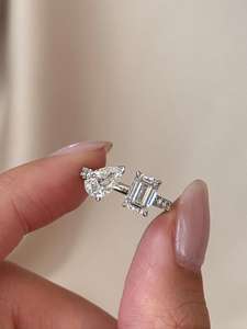 Bague ouverte en moissanite taille poire et émeraude, en argent sterling 925 original, pour mariage, fête ou occasion spéciale, bijou pour partenaire - Product Image 1