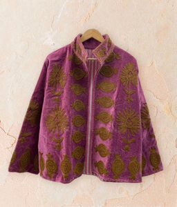 Hand Embroidered Purple <b>Velvet</b> Suzani <b>Jacket</b> <b>Women</b> Gold Floral Pomegranate Chain Stitch Quilted Coat Vintage Ethnic Open Front - Product Image 3