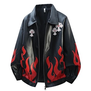 Chaqueta Bomber de Cuero para Hombre, Negra con Bordado de Llamas Rojas, Estilo Urbano, Corte Holgado, Cuello Alto, Cierre de Cremallera Frontal, Ropa de Invierno, Piel de Oveja - Product Image 1