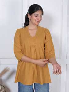 Blusa Elegante para Mujer, Color Amarillo Mostaza, con Cuello de Encaje, Estampado Floral, Corte Holgado, para Uso Diario, en Viscosa y Rayón - Product Image 1