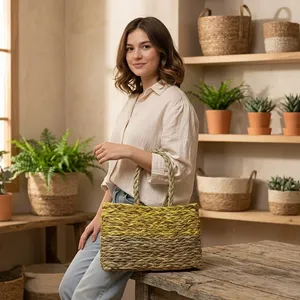 SSD Market Handwoven Grass <b>Basket</b> with Festive Trim Handle (Yellow) Eco-Friendly Stylish <b>Storage</b> From Orissa <b>Rectangular</b> Shape - Product Image 2