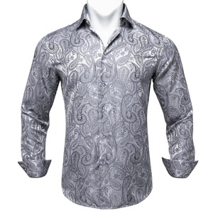Camisa de Hombre con Diseño Paisley Floral, Color Plateado y Blanco, Estilo Casual de Negocios, Manga Larga, Cuello Clásico, Marca de Moda Masculina, Tejido Satinado - Product Image 3