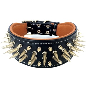 Collar de perro de cuero genuino con patrón sólido hecho a mano de la más alta calidad personalizado con acolchado suave y decoración de tachuelas - Product Image 1