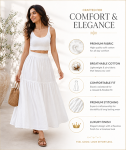 Boho White Tiered A-Line Maxi <b>Skirt</b> Women Summer Casual <b>Elastic</b> Waist Flowy Cotton Natural Waist Beachwear Holiday Outfit - Product Image 5