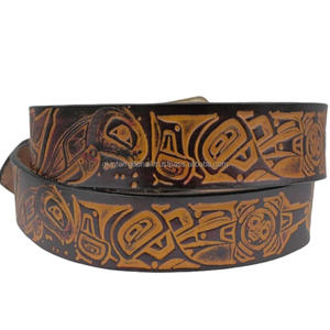New Trendy Design Hand Embossed Tan Genuine Western Leather Tooling <b>Belt</b> for Men & <b>Women</b> Classic Brass Antique Buckle Set - Product Image 3