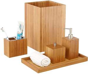 Ensemble de 5 pièces en bois très demandé, tendance et écologique : plateau, distributeur de lotion, porte-savon, porte-brosse à dents, poubelle pour salle de bain - Product Image 3
