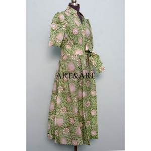 Fashionable Vintage Sweet Summer <b>Dress</b> 100% Cotton Floral Printed Short Sleeves V-Neck <b>Women</b> Casual Formal Occasion A-Line Midi - Product Image 5