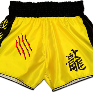 Shorts de Muay Thai con logo personalizado, tela satinada, transpirable, ligero, para entrenamiento en el gimnasio, cintura elástica, ropa deportiva para hombres y mujeres - Product Image 1