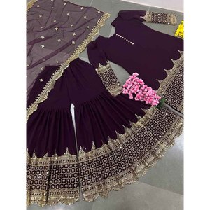 DISEÑADOR TOP SHARARA SET CON DUPATTA BORDADO SECUENCIA TRABAJO FIESTA DESGASTE COMPLETO COSTADO VINO - Product Image 3