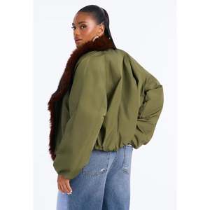 Chaqueta Bomber Corta Verde Oliva con Cuello y Mangas de Piel Sintética, Corte Holgado, Informal, Resistente al Viento, para Otoño - Product Image 2