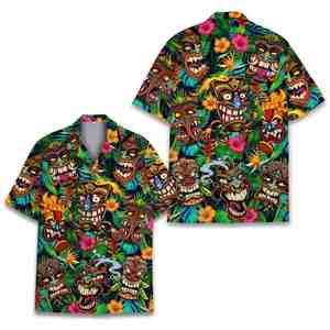 Chemises hawaïennes Tiki tropicales pour hommes, chemise boutonnée vintage tendance, chemise unisexe à manches courtes, chemise vierge, vêtements personnalisés en gros - Product Image 2