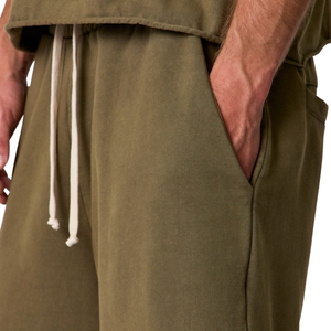 Custom Men's Olive Fleece 3/4 <b>Shorts</b> <b>Wide</b> <b>Leg</b> Loose Fit Elastic Waist Drawstring Side Pockets Casual Streetwear Wholesale <b>Shorts</b> - Product Image 6