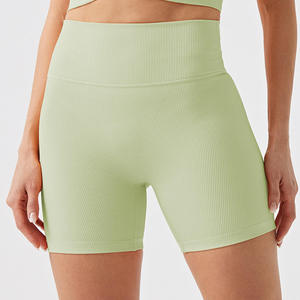 Women Recyclable Nylon Ribbed Yoga Short Shorts Wide Waist Seamless Stretchy Solid Sports Running Shorts Fitness <b>Tight</b> Shorts - Product Image 5