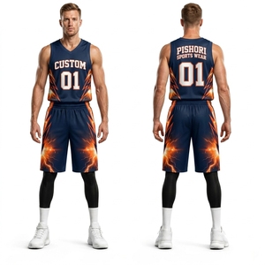 Ensemble d'uniformes de basketball personnalisés bleu marine et orange 100 % polyester, maillot et short sublimés intégralement, tenue d'équipe dégradée - Product Image 1