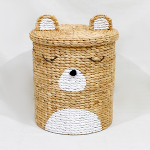 Eco Friendly Woven Water Hyacinth Cute Bear Laundry <b>Hamper</b> Storage <b>Basket</b> with Lid - Product Image 2