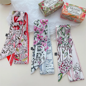 Luxury Floral Print Tie Painting Silk Scarf Long Skinny <b>Ribbon</b> Bag Handle Wrap Spring Floral Neckerchief Designer Hairband - Product Image 2