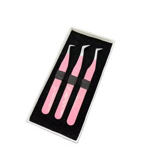 Morje Surgical <b>Pink</b> Eyelash Tweezers <b>Set</b> Stainless Steel Precision Toothed Serrated <b>Tools</b> Box Packaging - Product Image 1