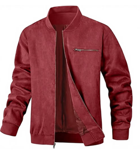 <b>Men</b> <b>Suede</b> Bomber <b>Jacket</b> Solid Color Zipper Closure Stand Collar Casual Autumn Outerwear Regular Fit Fashion Leather <b>jacket</b> - Product Image 1