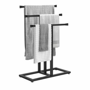 Porte-serviettes autoportant moderne en métal noir à double support, organisateur de salle de bain, structure minimaliste et peu encombrante - Product Image 5