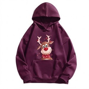 Sudadera con Capucha Morada Unisex con Estampado de Reno, Bolsillo Frontal, Ropa Casual de Invierno, Corte Holgado, Manga Regular - Product Image 1