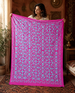 Couvre-lit en coton brodé Suzani exclusif, motif floral magenta et aqua, fait main, style bohème indien, décoration ethnique pour la maison - Product Image 5