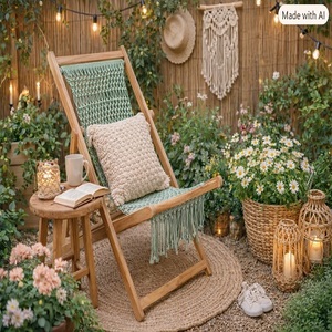 Chaise longue en teck moderne de style industriel, avec coussin en macramé, pliable, pour terrasse extérieure, utilisation en cour - Product Image 1