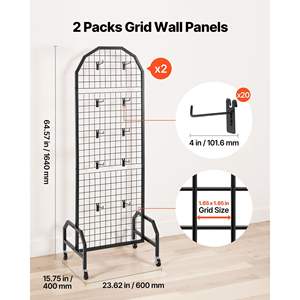 2 Pairs 1.9 X 5.4 ft Black Carbon Steel <b>Wire</b> Grid <b>Wall</b> Panels Movable Art Display <b>Rack</b> 20 Hooks Wheels Craft Show Decor <b>Storage</b> - Product Image 2
