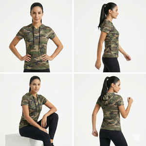 T-shirt à capuche camouflage à manches courtes pour femme, idéal pour la gym et le fitness, tee-shirt de sport camouflage pour femme, sweat à capuche pour femme - Product Image 2