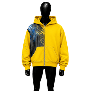NUOVA Felpa con Cappuccio Gialla Oversize di Qualità con Zip e Stampa Astratta Urbana, Vestibilità Comoda, Stile Rilassato, Abbigliamento Streetwear per Interni - Product Image 1