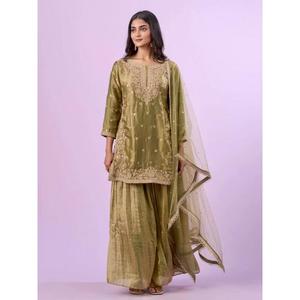 Conjunto de Diseñador Fandy: Top de Seda, Pantalón Palazzo y Dupatta Bordado, Traje Completamente Cosido para Bodas y Fiestas - Product Image 1