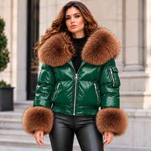 <b>Womens</b> Forest Green <b>Leather</b> Satin Motorcycle <b>Jacket</b> with <b>Brown</b> Fur Collar Cuffs Luxury Winter Coat/Wholesale Supplier - Product Image 4