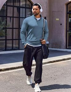 Men's Blue <b>Quarter</b> <b>Zip</b> Knitted <b>Sweater</b> Stand Collar Full Sleeve Solid Casual Quick Dry Polyester Shirt - Product Image 5