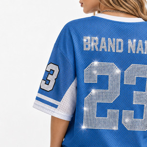 OEM Hip Hop Blue Oversized Mesh American Football Jersey Unisex Varsity Custom Premium <b>Rhinestone</b> Number V-Neck Vintage Glam <b>Top</b> - Product Image 5