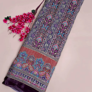 Tissu imprimé à rayures florales violettes avec bordure décorative pour la confection de robes Kurti, tissu pour vêtements ethniques. - Product Image 1