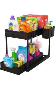 Estante de Almacenamiento Plegable de 2 Niveles, Multifuncional, Cuadrado, con Cajón Deslizante y Ganchos Laterales para Fregadero, Baño y Artículos de Limpieza - Product Image 6