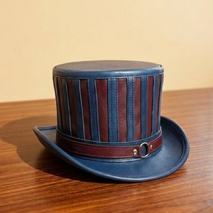 Striped Leather Top <b>Hat</b> Blue And Brown Unisex Party <b>Hat</b> <b>Steampunk</b> Style Adult Four Seasons Wear - Product Image 1