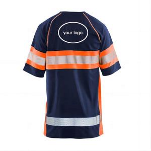 T-shirt de travail haute visibilité respirant et réfléchissant pour hommes, en coton, uniforme de sécurité, rayures orange et bleu marine, personnalisable - Product Image 2