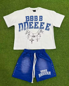 ชุดเซ็ตฤดูหนาวสำหรับผู้ชาย เสื้อยืดแขนสั้น กางเกงขาสั้น ระบายอากาศได้ดี สวมใส่สบาย ทรงหลวม รับสั่งทำสีและโลโก้ ผ้าถักลายสก็อต แห้งเร็ว - Product Image 1