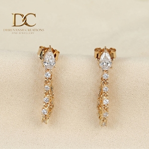 Ethnic Stylish 14KT Solid Yellow Gold Pear Shape Teardrop <b>Dangle</b> Stud <b>Earrings</b> with Lab Grown <b>Diamonds</b> Fine Jewelry for Women - Product Image 2
