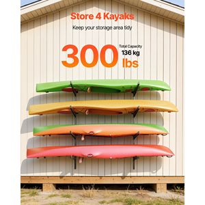 Supporto per 4 kayak resistente, capacità di carico fino a 136 kg, regolabile, da parete, per garage, capanno e molo, per interni ed esterni - Product Image 2