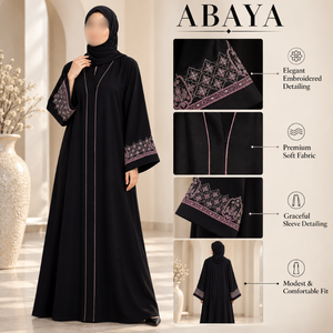 Robe Abaya brodée fluide pour femmes avec manches larges, tissu doux, robe islamique modeste |   Tenue musulmane élégante avec bordure rose chic - Product Image 5