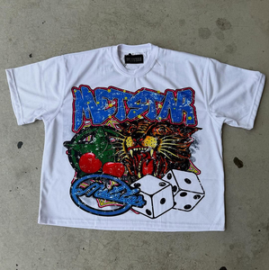 เสื้อยืดผู้ชายลายพิมพ์เพชรเทียมสไตล์ฮิปฮอปสตรีทแวร์ทรงโอเวอร์ไซส์ผ้าฝ้ายสำหรับฤดูร้อน  รับสั่งทำเสื้อยืดลายกราฟิกตามแบบส่วนตัว - Product Image 5