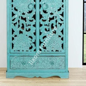 Luxury Handcrafted Solid Wood 2 Door <b>Wardrobe</b> Ornate Floral Carving Antique Turquoise Teal Finish - Product Image 4