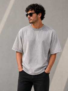 Camiseta Personalizada Vintage para Hombre, Cuello Redondo, Talla Grande, Color Sólido, Lavado Ácido, Teñido en Prenda, 100% Algodón, Estilo Casual Urbano, Verano - Product Image 5