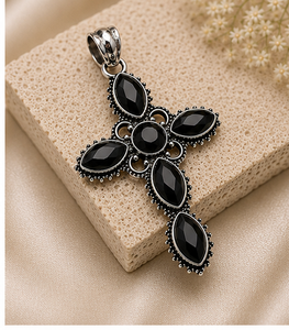 Natural Black Onyx Cross Pendant, Sterling <b>Silver</b> Cross Necklace, Faceted Black Onyx Jewelry, Gothic Cross Pendant, Religious Gi - Product Image 1