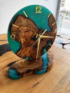 Handmade Olive Wood & Turquoise Epoxy Resin <b>Clock</b>: Unique Desk Decor - Product Image 6