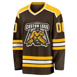 Camiseta de Hockey sobre Hielo Personalizada para Hombre, Marrón y Amarillo, Cuello en V, Manga Larga, Tela de Malla, Impresión de Logotipo Personalizado, Transpirable - Product Image 6
