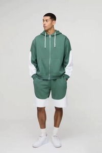 Men's Color Blocking Hooded Zip-Up <b>Tracksuit</b> Set Green <b>White</b> Casual Loose Fit Full Sleeve Shorts Breathable Autumn Wear - Product Image 2