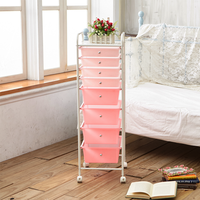 Chariot de rangement moderne rose à 8 niveaux en plastique avec roulettes pour l'organisation de la maison, la cuisine, la chambre et les vêtements